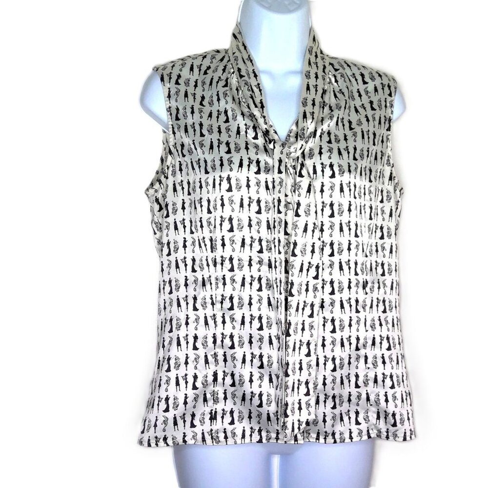 Tahari Arthur S Levine Top Sleeveless Black & White Retro Silhouette Print EUC S